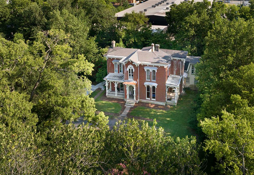 The Merritt Mansion from above in 2023. Sitting at the heart of a forthcoming two-acre lawn, the historic home will anchor a new town square 